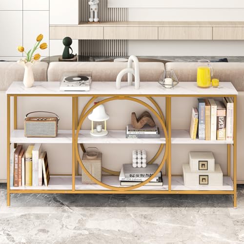 Giantex Narrow Long Console Table, 3-Tier Entryway Table with Faux Marble Top & Heavy-Duty Metal Frame, Mid-Century Accent Sofa Tables with Open Storage Shelves for Living Room, Hallway(White+Gold) Giantex