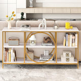Giantex Narrow Long Console Table, 3-Tier Entryway Table with Faux Marble Top & Heavy-Duty Metal Frame, Mid-Century Accent Sofa Tables with Open Storage Shelves for Living Room, Hallway(White+Gold) Giantex
