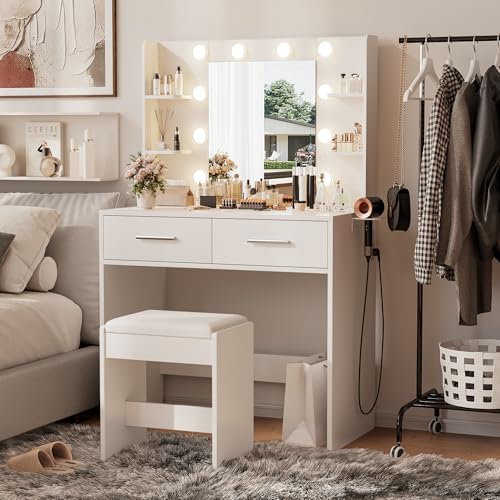 Furmax Make up Vanity Desk with Mirror and Power Outlet, Vanity with 3 Color Light Options Adjustable Brightness,Vanity Desk with 2 Drawers, 6 Storage Shelves (White, No Bench) Furmax