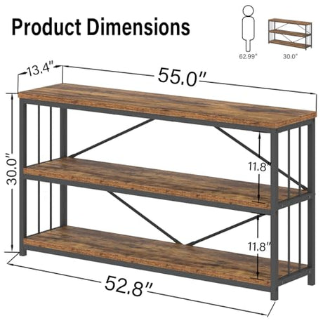 LVB Industrial Console Entryway Table, Metal Wood Rustic Sofa Table with Storage, Farmhouse 3 Tier Shelf Long Hallway Foyer Entry Tables Behind Couch for Home Living Room Entryway, Rustic Brown, 55 In LVB