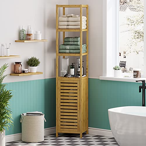 VIAGDO Storage Tall Slim Cabinet with Shutter Door and 3 Tier Shelves, Freestanding Linen Tower Cabinet for Living Room, Kitchen, Bathroom Organizer, VIAGDO