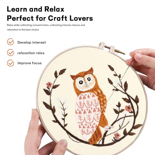 JOINRUN Beginner Embroidery Kit for Adults, Owl Cross Stitch Kits with 7.9" Hoop, Threads, Needles, Learn Stitches with Pre-Printed Patterns, Video Tutorial, DIY Needlework Craft Gift for Women