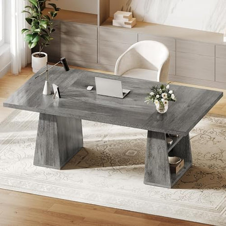 YITAHOME 63" Executive Desk, Large Office Desk Computer Desk with Double Pedestal and Storage Shelves, Wood Simple Workstations Writing Table Conference Table Business Furniture for Home Office, Grey YITAHOME