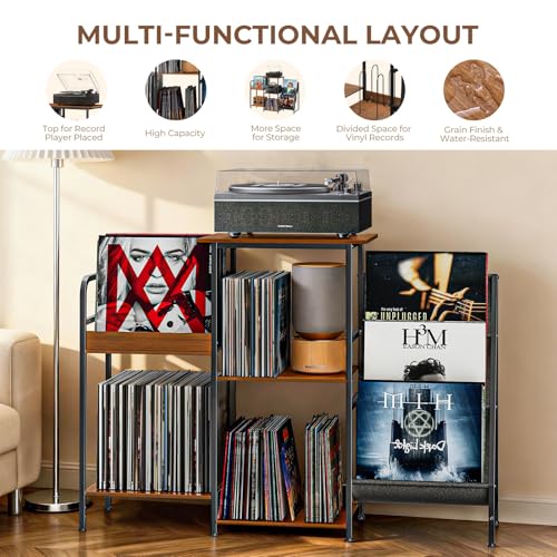 Qlearsoul Vinyl Record Stand, 3-Tier Record Player Table with Left and Right Storage for Living Room Bedroom Qlearsoul