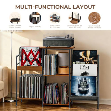 Qlearsoul Vinyl Record Stand, 3-Tier Record Player Table with Left and Right Storage for Living Room Bedroom Qlearsoul