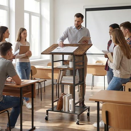 MAHANCRIS Podium Stand with Locking Wheels, 4-Tier Mobile Lectern with Storage Shelves and Non-Slip Lip, for Classroom, Church, Conference Standing Desk, Rustic Brown and Black LPHR6001 MAHANCRIS