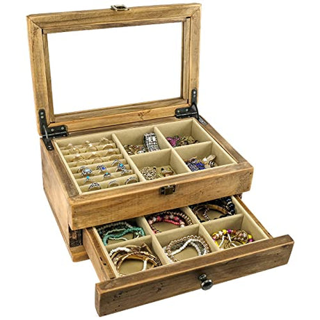 Excello Global Products Jewelry Box: Farmhouse Solid Wood Rustic Distressed Jewelry Organizer. Includes Glass Window and Storage Drawer. EXCELLO GLOBAL PRODUCTS