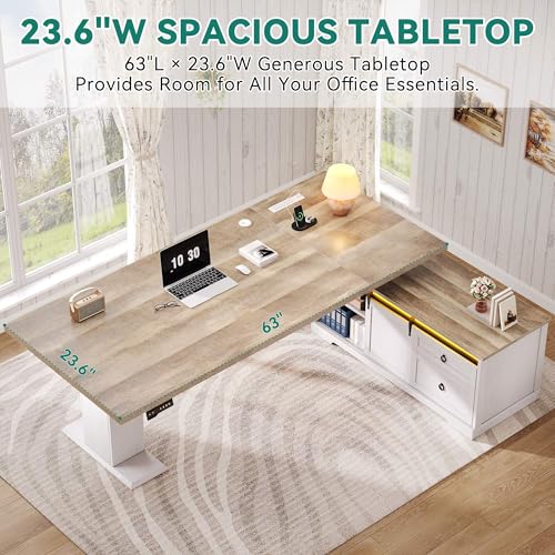 YITAHOME L Shaped Standing Desk with Power Outlets & LED Lights, 63" Farmhouse Electric Standing Desk Adjustable Height Sit Stand Corner Stand Desks with Drawers & Sliding Door, Grey Wash YITAHOME