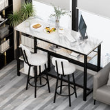 AWQM 3-Piece Bar Table and Chairs Set, Modern White Faux Marble Table with 2 PU Cushion Bar Stools, Kitchen Counter with 3 Tier Storage Shelves, Space Saving Table for Home & Kitchen, Black Frame AWQM