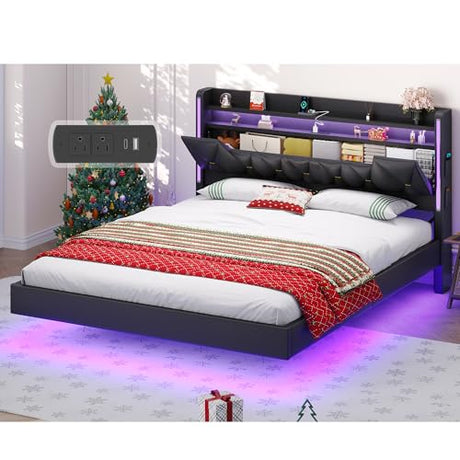 Dnxao King Size Floating Bed Frame with Storage Headboard, Tall 44" Upholstered Platform Bed with Charging Station, Dual-Zone LED Lights, No Box Spring Needed, PU Black Dnxao