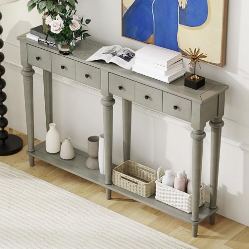 Knocbel Retro Console Table with 4 Drawers and Open Shelf, Vintage Sofa Tables with Slim Legs for Entryway Living Room 59.8" W x 11" D x 34" H Grey Wash Knocbel