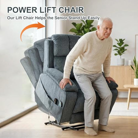 RHHVVR Oversized Lay Flat Recliner for Adults, Large Power Lift Recliner Chair with Extended Footrest, Electric Massage Living Room Sofa Chair, Side Storage Box Cup Holder, Blue Grey RHHVVR