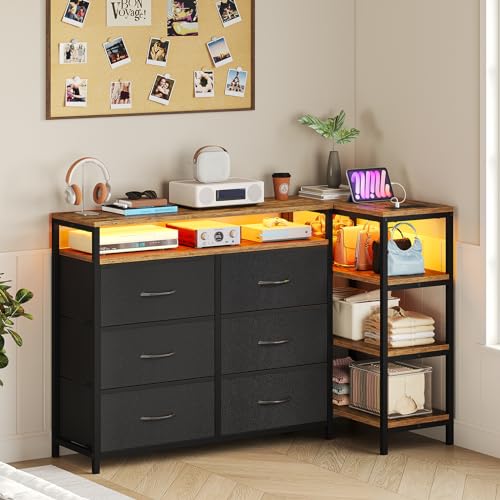 BTHFST TV Stand Dresser Bedroom for 60 Inch TV with LED Lights & Charging Station, Changable L Shape Corner TV Stand, 6 PU Drawers, 3 Open Shelves Entertainment Center (Rustic Brown and Black)