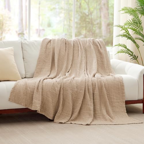 100% Cotton Blanket Large 50"x 70", 6 Layers Muslin Blankets, Cooling and Soft Throw Blanket for Bed and Couch, Breathable Quilt Bedspread, Gauze Bedding for Adults, Oatmeal, Beige Linen Kozyhvn