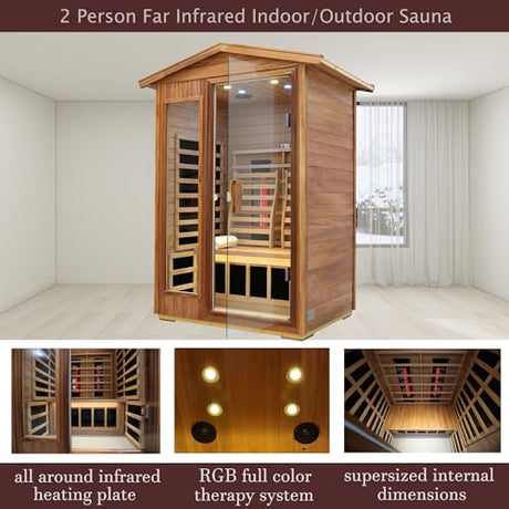 KUNSANA Outdoor Sauna 2 Person, Ceramic Infrared Saunas for Home, Ultra Low EMF Infrared Sauna, Mahogany Wood Home Sauna Room with Bluetooth Speakers, LED Reading Lamps, Chromotherapy Lights KUNSANA