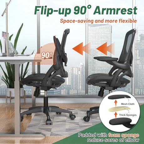 KIZECK Ergonomic Comfy Mesh Home Office Computer Desk Chair with Height Adjustable Lumbar Support with Flip up Arms for Adult KIZECK