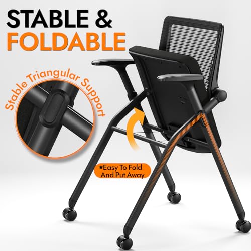 FYLICA Foldable Office Chair with PU Wheels and Smooth Armrest-Ergonomic Mesh Bouncing Back, Stackable Conference Room Chair, Office Guest & Reception & Meeting Chair (Black)