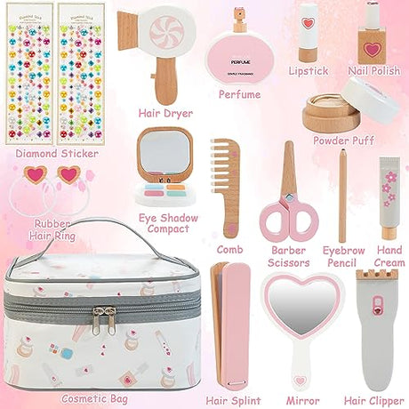 Amtreen Kids Makeup Kit for Girl, Pretend Play for Toddlers 3-5 Wooden Makeup Toy Set, 18 PCS Hair Salon Toys Gifts for 3 4 5 Year Old Amtreen