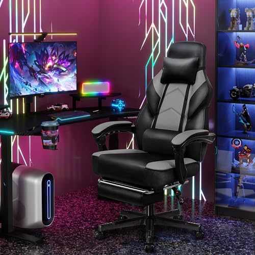 Meilocar Gaming Chair for Adult, Computer Chair with Footrest Video Game Chair Big and Tall Gaming Chair with Massage Lumbar Support, Adjustable Height and 360° Swivel Seat(Grey) Meilocar