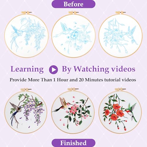 Embroidery Kit for Beginners,3 Pack Hummingbird and Flower Cross Stitch Kits for Adults,Needlepoint kit with Stamped Patterns,Hoop,Threads for Craft Lover,Hand Stitch with Embroidery Skill Techniques
