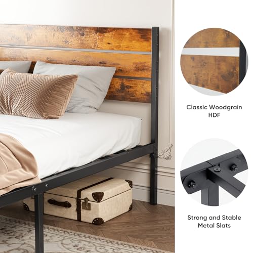Sweetcrispy Queen Size Bed Frame with Headboard, 800LBS Mattress Foundation with All Sturdy Metal Support, Under Bed Storage, No Box Spring Needed, Easy Assembly, Rust Brown Sweetcrispy