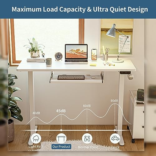 BANTI 48" x 24" Height Adjustable Electric Standing Desk with Keyboard Tray, Sit Stand up Desk with Splice Board, White Frame/White Top - WoodArtSupply