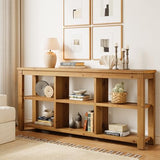 TRIBEWOOD 63-Inch Solid Wood Console Table for Entryway, 3-Tier Long Farmhouse Sofa Table with 6 Storage Cubes for Living Room, Hallway, Brown TRIBEWOOD