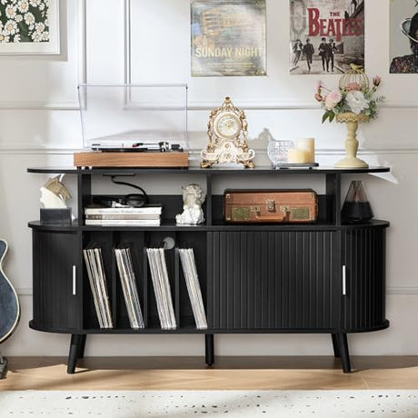 LELELINKY Large Round Record Player Stand with Charging Station & Fluted Panel, Black Farmhouse Turntable Cabinet with Vintage Vinyl Storage, Arched Wood Record Player Table for Living Room LELELINKY