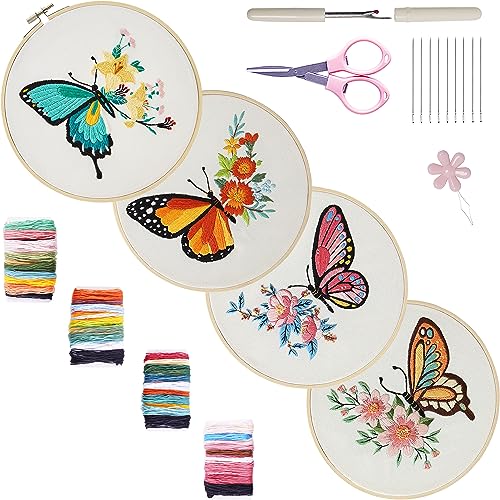 Bonroy 4 Sets Embroidery Kit for Beginners,Embroidery Art Craft Handy Sewing Include Clothes with Pattern,Embroidery Hoops, Instructions,Color Threads Needle (Butterfly) (CX-55)