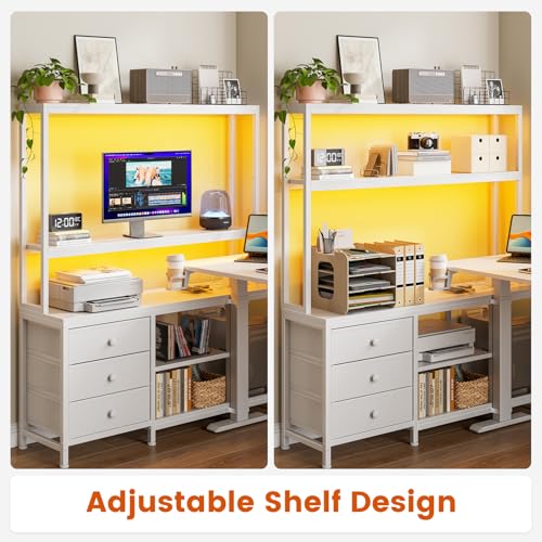 REAHOME 65" L Shaped Standing Desk with Storage, Height Adjustable Electric Sit Stand Up Desk with Hutch & Drawers, Charging Station, LED Light, Cable Management, Home Office Desk, White REAHOME