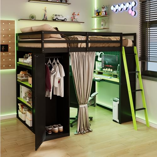 Linique Full Size Gaming Loft Bed with Desk, LED Lights and Charging Station, Wood Loft Bed Frame with Wardrobe, Open Shelves, Blackout Curtains, for Kids Teens Adults, Black+Green Linique