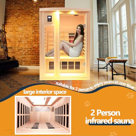 KUNSANA Ceramic Infrared Sauna, 2 Person Infrared Saunas for Home, Hemlock Wood Sauna Room, 2 in 1 Indoor Sauna with Low EMF Heaters + Ceramic Heating Cubes-Chromotherapy-Bluetooth Speaker KUNSANA