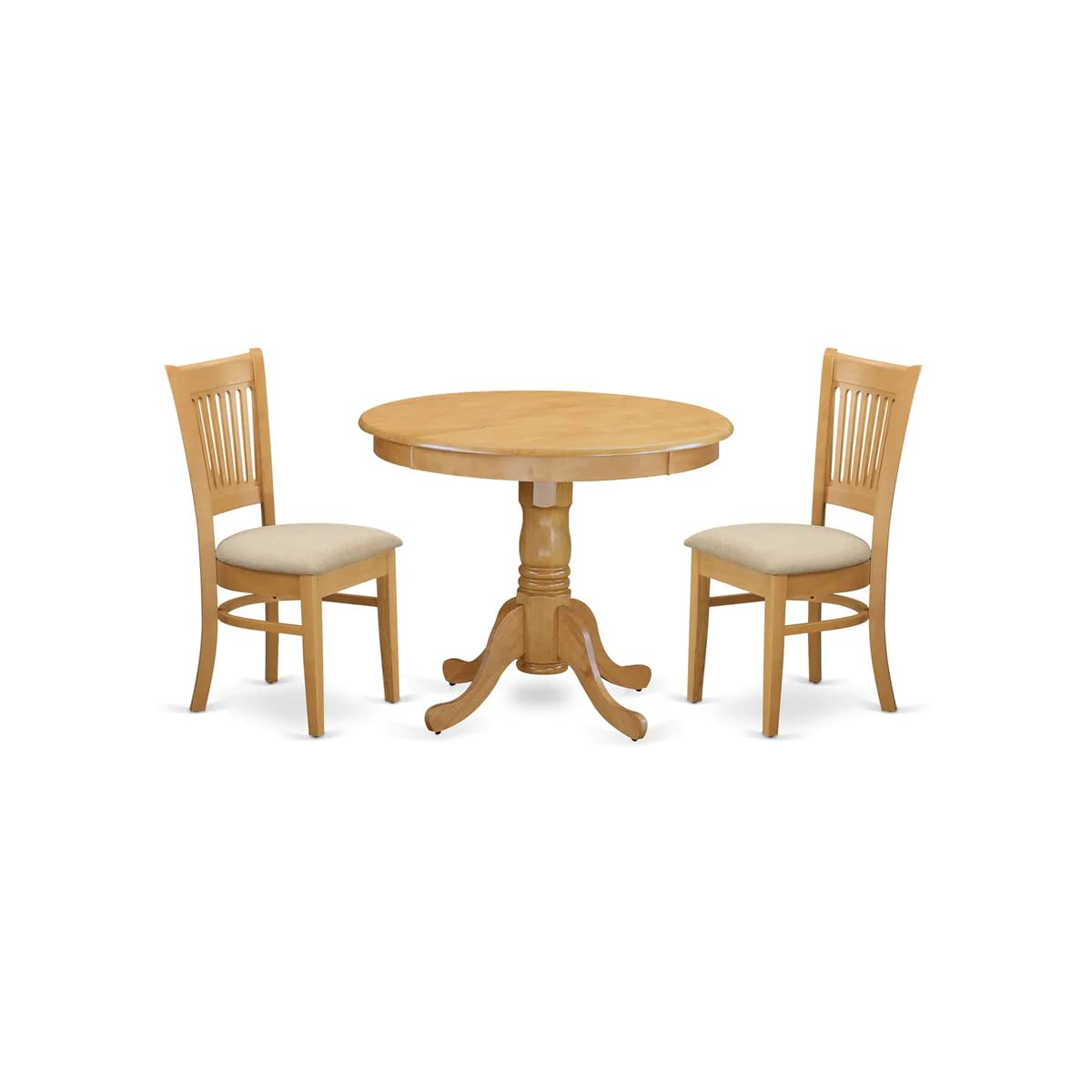 East West Furniture ANVA3-OAK-C 3 Piece Kitchen Table Set for Small Spaces Contains a Round Dining Room Table with Pedestal and 2 Linen Fabric Upholstered Chairs, 36x36 Inch, Oak East West Furniture