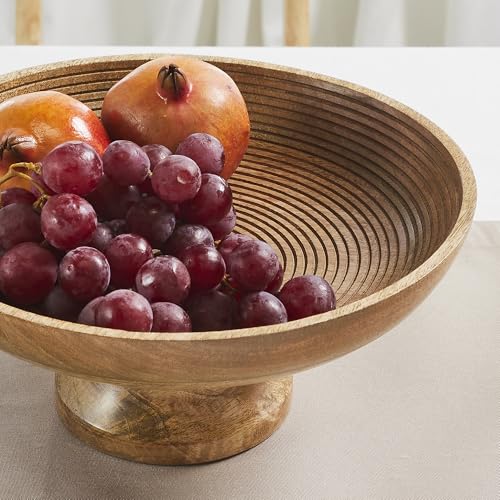 VHC Brands Ribbed Natural Wooden Fruit Bowl 5.5x12x12, Kitchen Decor, Decorative Wooden Pedestal Bowl, Perfect Centerpiece for Table, Island, or Counter - WoodArtSupply