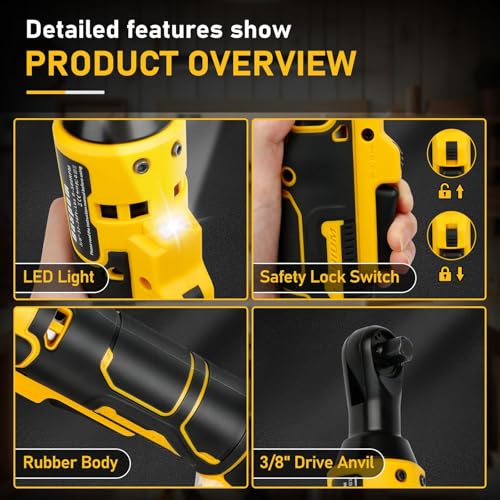 Daspom Cordless Ratchet Wrench 3/8", Electric Ratchet Wrench for DEWALT 20V MAX Battery, 45Ft-Lbs 320RPM with Variable Speed, 3/8" to 1/4" Sealed Head Ratchet, Bare Tool Only Daspom