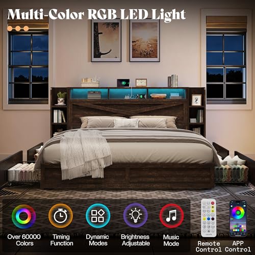 AMERLIFE 45'' Farmhouse King Bed Frame with 4 Drawers, LED Bed Frame with Bookcase Headboard & Side Shelves, Wood Platform Bed with Charging Station, Walnut AMERLIFE