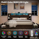 AMERLIFE 45'' Farmhouse King Bed Frame with 4 Drawers, LED Bed Frame with Bookcase Headboard & Side Shelves, Wood Platform Bed with Charging Station, Walnut AMERLIFE