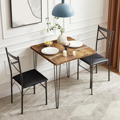 VECELO 3 Piece Dining Table Set for 2, Kitchen Table Set with 2 Chairs for Small Space, Space-Saving and Modern Design, Apartment, Easy to Assemble,Classic Brown VECELO