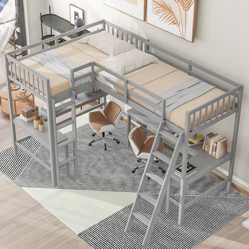 Harper & Bright Designs L-Shaped Loft Bed with Desks, Wood Twin Size Loft Bed with Ladder & 2 L-Shaped Desks, Corner Twin Bed for Kids, Teens, Adults (Gray) Harper & Bright Designs