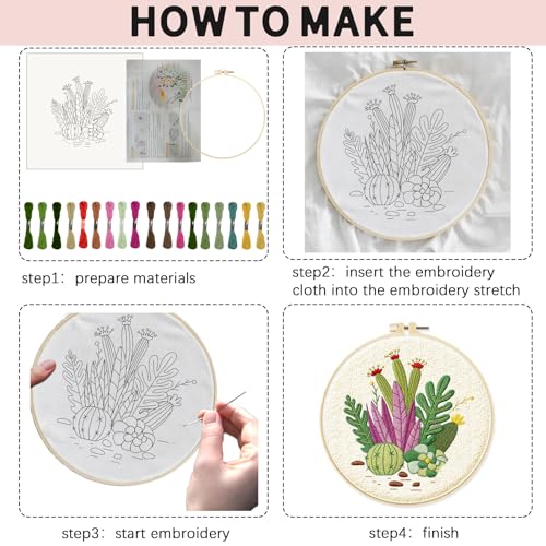 INFUNLY 4 Pack Tropical Plants Embroidery Kit for Beginners Adults Cactus Embroidery Starter Kit Punch Needle Embroidery Kits Palm Leaf Cross Stitch Kits with Patterns Instructions for DIY
