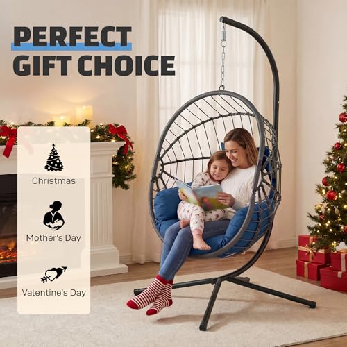 DoubleTT Hanging Egg Chair with Stand - 350lbs Capacity Outdoor Patio & Indoor Living Room Furniture, Waterproof PE Rattan Wicker Swing Seat with Cushion, Foldable Seat for Garden, Balcony, Backyard