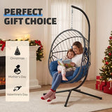 DoubleTT Hanging Egg Chair with Stand - 350lbs Capacity Outdoor Patio & Indoor Living Room Furniture, Waterproof PE Rattan Wicker Swing Seat with Cushion, Foldable Seat for Garden, Balcony, Backyard