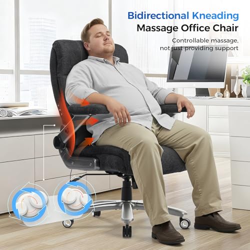 600LBS Big and Tall Massage Office Chair, Extra Wide Seat - 3D Kneading Massage & Heat Office Chair with Heavy Duty Metal Base, 3D Flip Arms, Fabric Ergonomic with Thick Spring Cushion CHAIRKER