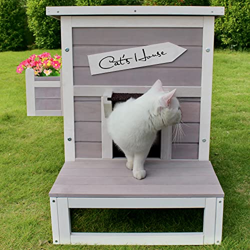 HiCaptain Outdoor Cat House, Weatherproof Feral Cat House with Escape Door, Outside Wooden Single Story Pet House for Cats, Puppies and Small Pet - Grey HiCaptain