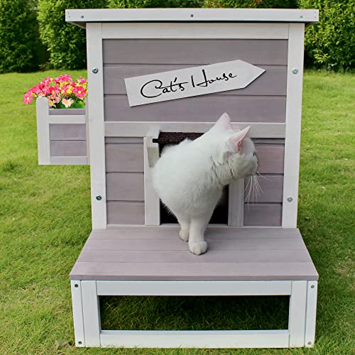 HiCaptain Outdoor Cat House, Weatherproof Feral Cat House with Escape Door, Outside Wooden Single Story Pet House for Cats, Puppies and Small Pet - Grey - WoodArtSupply