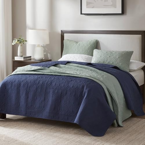 Madison Park Quebec Quilt Set - Luxurious Damask Stitching Design, Cotton Filled Lightweight Coverlet Bedspread Bedding, Shams, Full/Queen(90"x90"), Seafoam 3 Piece Madison Park