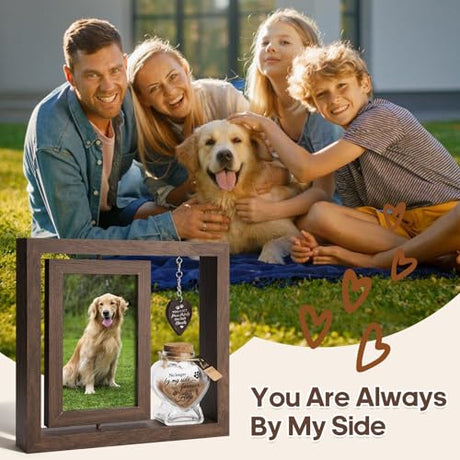 BluBrk Dog Memorial Gifts for Loss of Dog – Rotating Wooden 4x6 Picture Frame with Fur Keepsake Jar & Writable Name Card, Pet Remembrance Sympathy Gift for Dog & Cat Lovers (Brown) BluBrk