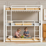 Mixcous Metal Triple Bunk Bed, Twin Over Twin Over Twin Heavy Duty Bunkbeds, Full-Length Guardrail Family-Friendly for All Ages, Bedroom, No Box Spring Needed, Easy Assembly, White Mixcous