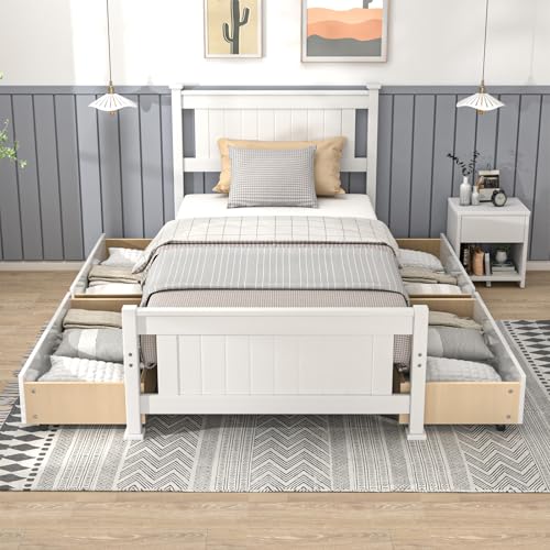 Bonnlo Twin Size Solid Wood Platform Bed Frame with 4 Storage Drawers, Single Bed with Headboard, No Box Spring Needed Panel Bed, Wood Slat Support Mattress Foundation, White Bonnlo
