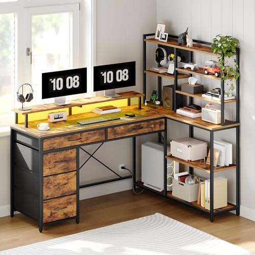 RALGEND L Shaped Computer Desk with Drawers, 53'' Gaming Desk with Storage Shelves, Corner Computer Desk with Power Outlets & LED Light, Home Office Desk with Monitor Stand and Pegboard, Rustic Brown RALGEND